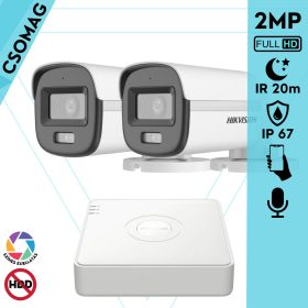   Hikvision 2 cső kamerás analóg megfigyelőrendszer 2MP biztonsági kamera, ColorVu Dual-light látható fény 20m, beépített mikrofonnal, kültéri