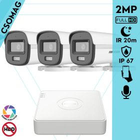   Hikvision 3 cső kamerás analóg megfigyelőrendszer 2MP biztonsági kamera, ColorVu Dual-light látható fény 20m, beépített mikrofonnal, kültéri