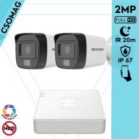   Hikvision 2 cső kamerás analóg megfigyelőrendszer 2MP biztonsági kamera, IR megvilágítás 20 m, fehér fény 20 m, kültéri