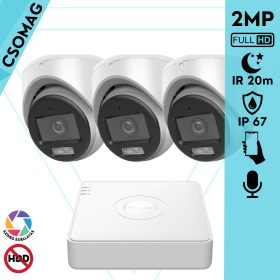   Hikvision 3 turret kamerás analóg megfigyelőrendszer 2MP biztonsági kamera, ColorVu Dual-light látható fény 20m, beépített mikrofonnal, kültéri