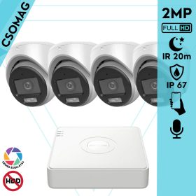   Hikvision 4 turret kamerás analóg megfigyelőrendszer 2MP biztonsági kamera, ColorVu Dual-light látható fény 20m, beépített mikrofonnal, kültéri