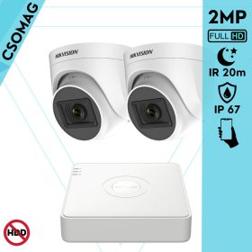   Hikvision 2 turret kamerás analóg megfigyelőrendszer 2MP biztonsági kamera, IR 20m, beltéri