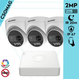   Hikvision 3 turret kamerás analóg megfigyelőrendszer 2MP biztonsági kamera, ColorVU, 2.8 mm fix objektív, megvilágítás távolság 20 m, kültéri