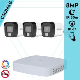   Hikvision 3 cső kamerás analóg megfigyelőrendszer 8 MP biztonsági kamera, 3.6 mm fix objektív, hibrid fény 30 m, fém ház, kültéri