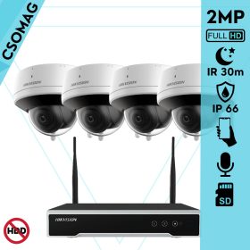   Hikvision 4 dóm kamerás WIFI megfigyelőrendszer 2MP dóm biztonsági kamera, 4.0 mm-es fix objektívvel, beépített WiFi antennával és mikrofonnal, microSD kártyafoglalat, infravörös éjjellátó, IR 30m, kültéri