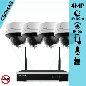   Hikvision 4 dóm kamerás WIFI megfigyelőrendszer 4MP dóm biztonsági kamera, 4.0 mm-es fix objektívvel, beépített WiFi antennával és mikrofonnal, microSD kártyafoglalat, infravörös éjjellátó, IR 30m, kültéri