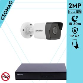   Hikvision 1 cső kamerás IP megfigyelőrendszer 2MP HD cső biztonsági kamera, 2.8 mm-es fix objektívvel, PoE, beépített mikrofonnal, IR LED 30m, kültéri, fém ház
