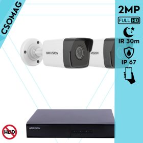   Hikvision 2 cső kamerás IP megfigyelőrendszer 2MP HD cső biztonsági kamera, 2.8 mm-es fix objektívvel, PoE, beépített mikrofonnal, IR LED 30m, kültéri, fém ház