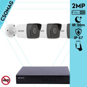  Hikvision 3 cső kamerás IP megfigyelőrendszer 2MP HD cső biztonsági kamera, 2.8 mm-es fix objektívvel, PoE, beépített mikrofonnal, IR LED 30m, kültéri, fém ház