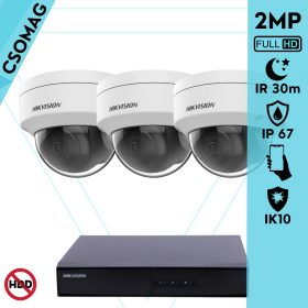   Hikvision 3 dome kamerás IP megfigyelőrendszer 2MP HD dome biztonsági kamera, 2.8 mm-es fix objektívvel, PoE, P2P, kültéri, fém ház, vandálbiztos