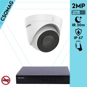   Hikvision 1 turret kamerás IP megfigyelőrendszer 2MP HD turret biztonsági kamera, 2.8 mm-es fix objektívvel, PoE, beépített mikrofonnal, IR LED 30m, kültéri, fém ház