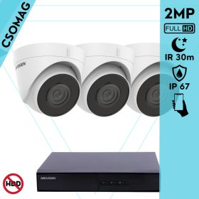   Hikvision 3 turret kamerás IP megfigyelőrendszer 2MP HD turret biztonsági kamera, 2.8 mm-es fix objektívvel, PoE, beépített mikrofonnal, IR LED 30m, kültéri, fém ház