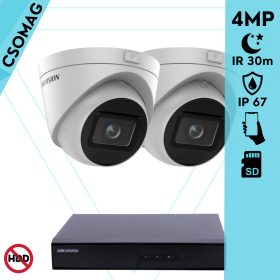   Hikvision 2 turret kamerás IP megfigyelőrendszer 4MP turret biztonsági kamera, 2.8 - 12 mm varifokális objektív, hang I/O, riasztás I/O, Valós WDR, microSD, PoE, P2P, IR LED 30m, fém ház, kültéri