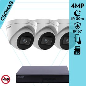   Hikvision 3 turret kamerás IP megfigyelőrendszer 4MP turret biztonsági kamera, 2.8 - 12 mm varifokális objektív, hang I/O, riasztás I/O, Valós WDR, microSD, PoE, P2P, IR LED 30m, fém ház, kültéri