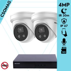   Hikvision 2 turret kamerás IP megfigyelőrendszer 4MP turret biztonsági kamera, 2.8 mm-es fix objektívvel, beépített mikrofon, microSD, valós WDR, PoE, P2P, IR LED 30m, fém ház, kültéri