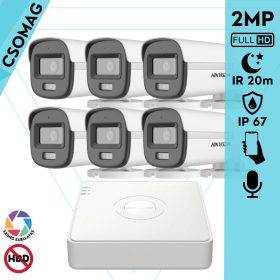   Hikvision 6 cső kamerás analóg megfigyelőrendszer 2MP biztonsági kamera, ColorVu Dual-light látható fény 20m, beépített mikrofonnal, kültéri
