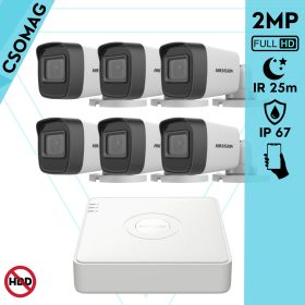  Hikvision 6 cső kamerás analóg megfigyelőrendszer 2MP biztonsági kamera, IR 25m, beltéri és kültéri