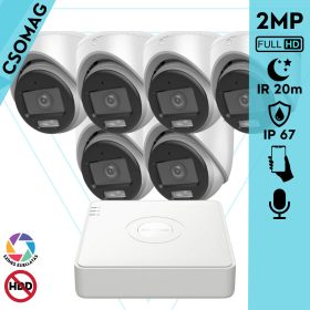   Hikvision 6 turret kamerás analóg megfigyelőrendszer 2MP biztonsági kamera, ColorVu Dual-light látható fény 20m, beépített mikrofonnal, kültéri