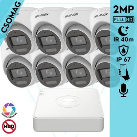   Hikvision 8 turret kamerás analóg megfigyelőrendszer 2MP biztonsági kamera, IR megvilágítás 40 m, fehér fény 20 m, beépített mikrofon, kültéri