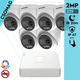   Hikvision 6 turret kamerás analóg megfigyelőrendszer 2MP biztonsági kamera, ColorVU, 2.8 mm fix objektív, megvilágítás távolság 20 m, kültéri