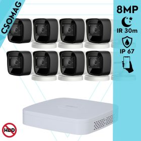   Hikvision 8 cső kamerás analóg megfigyelőrendszer 8 MP biztonsági kamera, 2.8 mm fix objektív, IR led 30 m, IP67, fém ház, kültéri