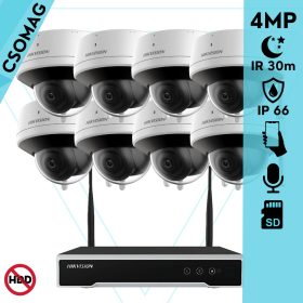   Hikvision 8 dóm kamerás WIFI megfigyelőrendszer 4MP dóm biztonsági kamera, 4.0 mm-es fix objektívvel, beépített WiFi antennával és mikrofonnal, microSD kártyafoglalat, infravörös éjjellátó, IR 30m, kültéri