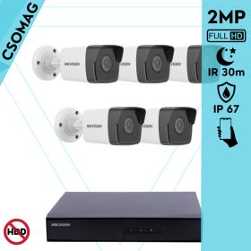   Hikvision 5 cső kamerás IP megfigyelőrendszer 2MP HD cső biztonsági kamera, 2.8 mm-es fix objektívvel, PoE, beépített mikrofonnal, IR LED 30m, kültéri, fém ház