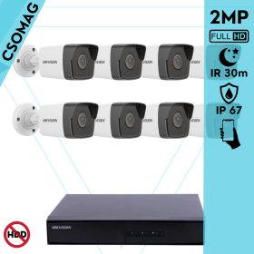   Hikvision 8 cső kamerás IP megfigyelőrendszer 2MP HD cső biztonsági kamera, 2.8 mm-es fix objektívvel, PoE, beépített mikrofonnal, IR LED 30m, kültéri, fém ház