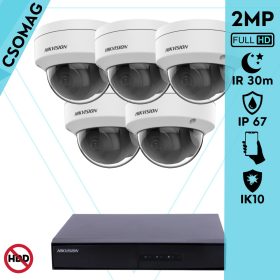   Hikvision 5 dome kamerás IP megfigyelőrendszer 2MP HD dome biztonsági kamera, 2.8 mm-es fix objektívvel, PoE, P2P, kültéri, fém ház, vandálbiztos