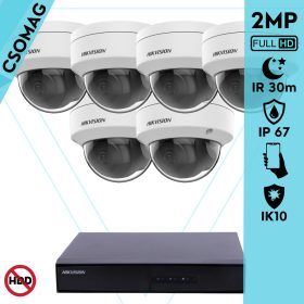   Hikvision 6 dome kamerás IP megfigyelőrendszer 2MP HD dome biztonsági kamera, 2.8 mm-es fix objektívvel, PoE, P2P, kültéri, fém ház, vandálbiztos