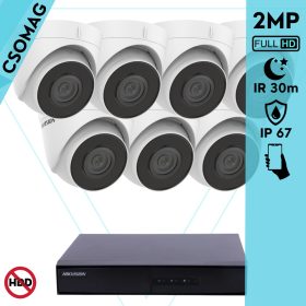   Hikvision 7 turret kamerás IP megfigyelőrendszer 2MP HD turret biztonsági kamera, 2.8 mm-es fix objektívvel, PoE, beépített mikrofonnal, IR LED 30m, kültéri, fém ház
