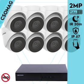   Hikvision 8 turret kamerás IP megfigyelőrendszer 2MP HD turret biztonsági kamera, 2.8 mm-es fix objektívvel, PoE, beépített mikrofonnal, IR LED 30m, kültéri, fém ház