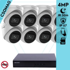   Hikvision 8 turret kamerás IP megfigyelőrendszer 4MP turret biztonsági kamera, 2.8 - 12 mm varifokális objektív, hang I/O, riasztás I/O, Valós WDR, microSD, PoE, P2P, IR LED 30m, fém ház, kültéri