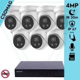   Hikvision 7 turret kamerás IP megfigyelőrendszer 4MP turret biztonsági kamera, 2.8 mm-es fix objektívvel, beépített mikrofon, microSD, valós WDR, PoE, P2P, IR LED 30m, fém ház, kültéri