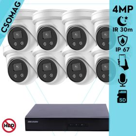   Hikvision 8 turret kamerás IP megfigyelőrendszer 4MP turret biztonsági kamera, 2.8 mm-es fix objektívvel, beépített mikrofon, microSD, valós WDR, PoE, P2P, IR LED 30m, fém ház, kültéri