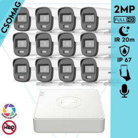   Hikvision 12 cső kamerás analóg megfigyelőrendszer 2MP biztonsági kamera, ColorVu Dual-light látható fény 20m, beépített mikrofonnal, kültéri