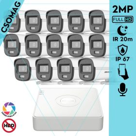   Hikvision 14 cső kamerás analóg megfigyelőrendszer 2MP biztonsági kamera, ColorVu Dual-light látható fény 20m, beépített mikrofonnal, kültéri