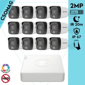   Hikvision 12 cső kamerás analóg megfigyelőrendszer 2MP biztonsági kamera, IR megvilágítás 20 m, fehér fény 20 m, kültéri