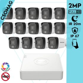   Hikvision 14 cső kamerás analóg megfigyelőrendszer 2MP biztonsági kamera, IR megvilágítás 20 m, fehér fény 20 m, kültéri