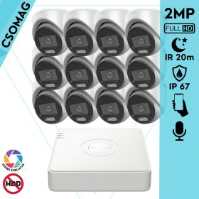   Hikvision 12 turret kamerás analóg megfigyelőrendszer 2MP biztonsági kamera, ColorVu Dual-light látható fény 20m, beépített mikrofonnal, kültéri