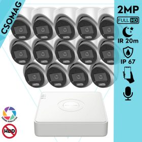   Hikvision 14 turret kamerás analóg megfigyelőrendszer 2MP biztonsági kamera, ColorVu Dual-light látható fény 20m, beépített mikrofonnal, kültéri