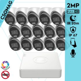   Hikvision 16 turret kamerás analóg megfigyelőrendszer 2MP biztonsági kamera, ColorVu Dual-light látható fény 20m, beépített mikrofonnal, kültéri