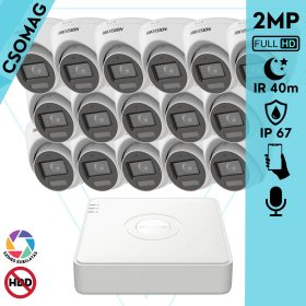   Hikvision 16 turret kamerás analóg megfigyelőrendszer 2MP biztonsági kamera, IR megvilágítás 40 m, fehér fény 20 m, beépített mikrofon, kültéri