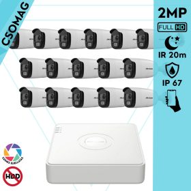   Hikvision 16 cső kamerás analóg megfigyelőrendszer 2MP biztonsági kamera, ColorVU, 2.8 mm fix objektív, megvilágítás távolság 20 m, kültéri