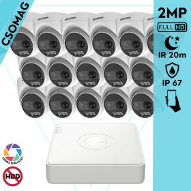   Hikvision 16 turret kamerás analóg megfigyelőrendszer 2MP biztonsági kamera, ColorVU, 2.8 mm fix objektív, megvilágítás távolság 20 m, kültéri