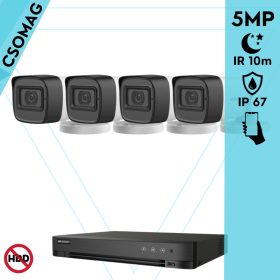   Hikvision 4 cső kamerás analóg megfigyelőrendszer 5 MP biztonsági kamera, 2.8 mm fix objektív, IP67, IR 10m, fém ház, kültéri