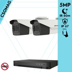   Hikvision 2 cső kamerás analóg megfigyelőrendszer 5 MP biztonsági kamera, IR led 80 m, 2.7 - 13.5 mm varifokális objektív, 4x motoros zoom, valós WDR, kültéri