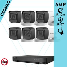   Hikvision 6 cső kamerás analóg megfigyelőrendszer 5 MP biztonsági kamera, 2.8 mm fix objektív, IP67, IR 10m, fém ház, kültéri