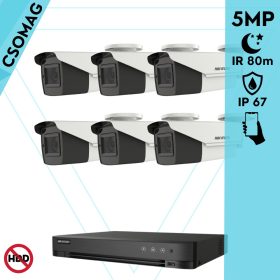   Hikvision 6 cső kamerás analóg megfigyelőrendszer 5 MP biztonsági kamera, IR led 80 m, 2.7 - 13.5 mm varifokális objektív, 4x motoros zoom, valós WDR, kültéri