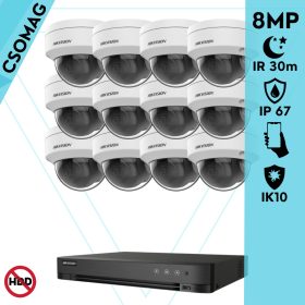   Hikvision 12 dome kamerás analóg megfigyelőrendszer 8 MP biztonsági kamera, 2.8 mm fix objektív, IK10 vandálbiztos, IR 30m, fém ház, kültéri